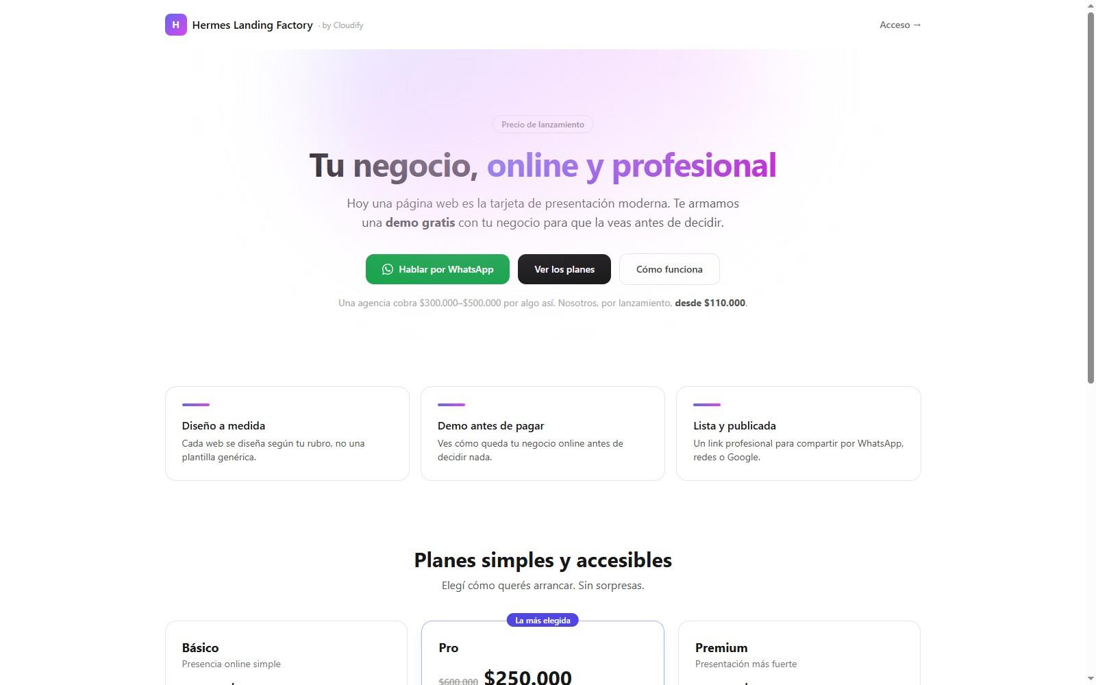 Hermes Landing Factory — Ventas automatizadas con IA
